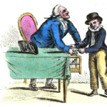 De joodse lotenverkoper grijpt Karel bij de arm en dwingt hem, vanwege een schuld, zijn vogelkooi en geld af te geven. De illustratie is afkomstig uit de tweede druk, uit 1827.