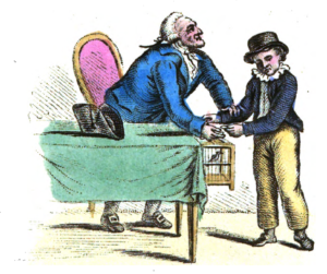 De joodse lotenverkoper grijpt Karel bij de arm en dwingt hem, vanwege een schuld, zijn vogelkooi en geld af te geven. De illustratie is afkomstig uit de tweede druk, uit 1827.